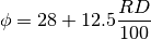 \phi = 28 + 12.5 \frac{RD}{100}